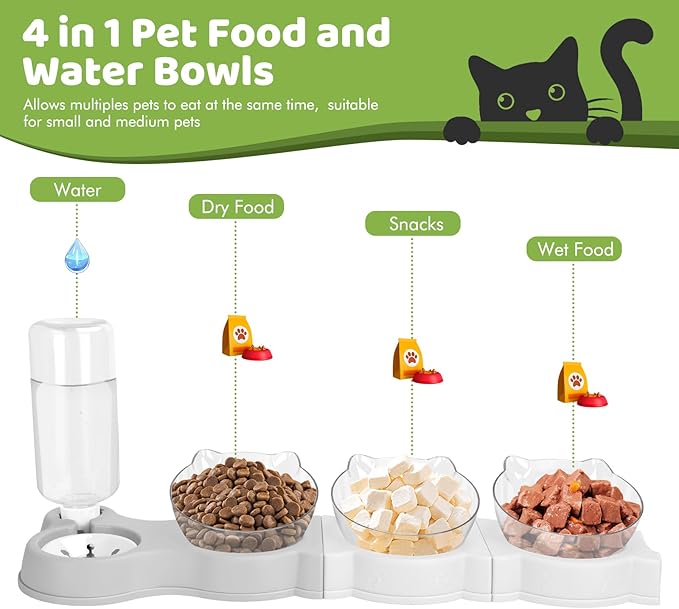 Yummy Sam Raised Four Cat Dishes for Food and Water, 15° Tilted 4 in 1 Small Pet Feeding Bowls Set with Automatic Water Bottle and Triple Food Bowls, Pet Feeder for Small Medium Pets Dog Puppy Cats