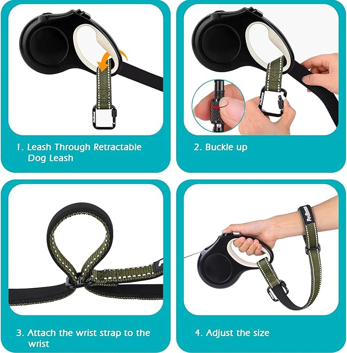 PetBonus Dog Leash Wrist Strap, Safety Strap for Retractable Leash, Lockable Reflective Short Dog Walking Lead with Adjustable Soft Padded Handle, Extra Layer Security for Pet Stroller (Army Green)