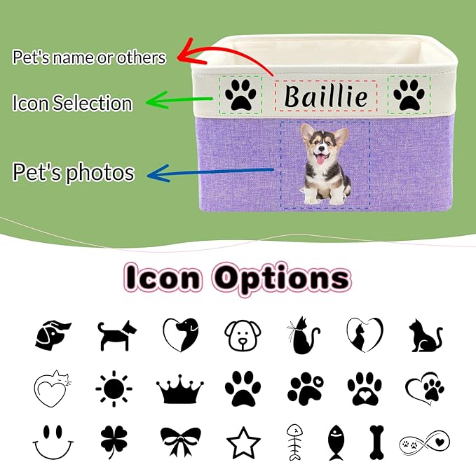 Personalized Dog Toy Basket with Name Photo Custom Cat Storage Organizer Box Collapsible Pet Chest Bins Customized for Toys Clothing-Grey