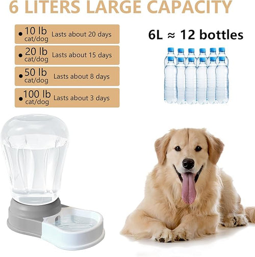 1.6 Gallon Automatic Dog Water Dispenser, Large Capacity Gravity Pet Water Bowl for Multiple Pets, BPA-Free Cat Water Feeder for Large Dogs, Refill Less Often, Grey