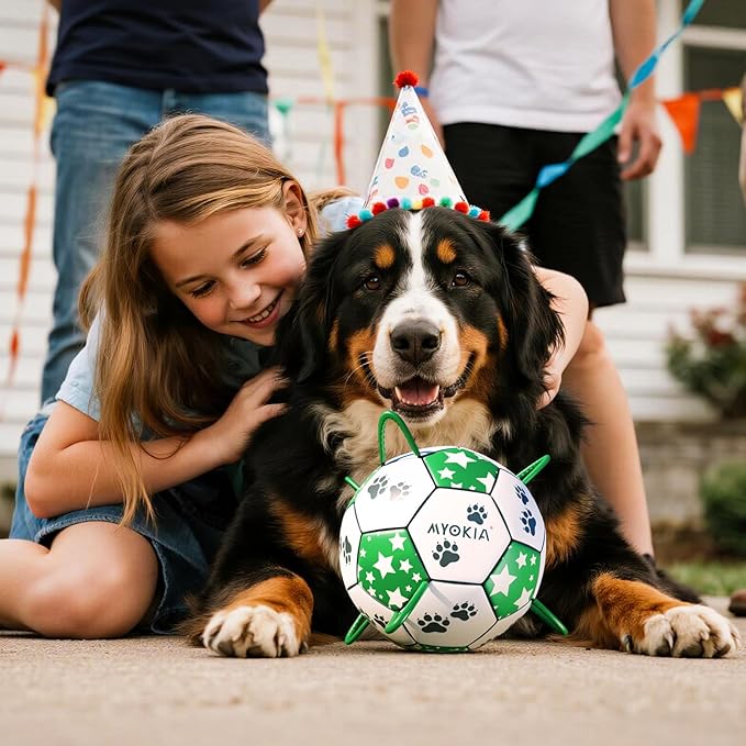 Size 3 Interactive Dog Football with Strap, White & Green, Eye-Catching Star and Paw Print Design, Ideal Outdoor Training Pet Toy, Perfect Choice for Medium & Large Dogs' Playtime