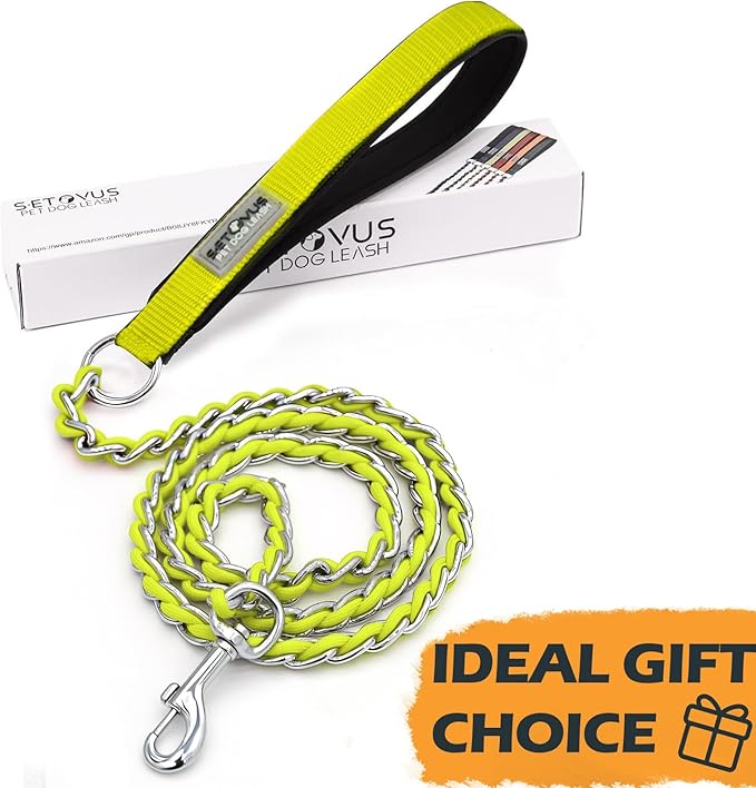 Chew Proof Metal Leash Chain Dog Leash for Medium Large Dogs, Chain Link Anti Chew 5FT Strong Anti Bite Comfortable Soft Padded Handle Yellow