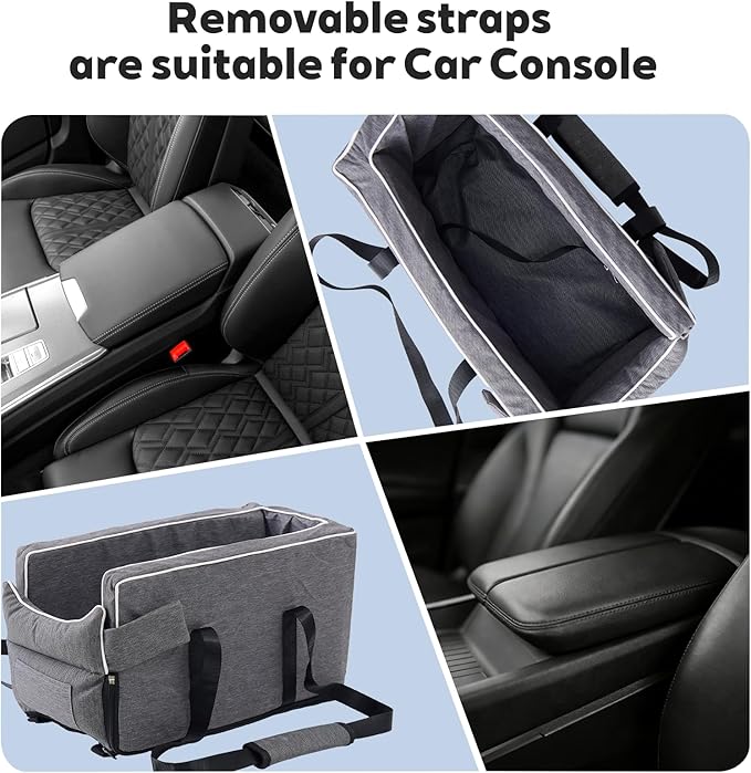 Dog Car Seat for Small Dogs - Portable Center Console Booster Seat with Anti-Collapse Design & Safety Tethers, Pet Travel Carseat Up to 15 lbs- Black
