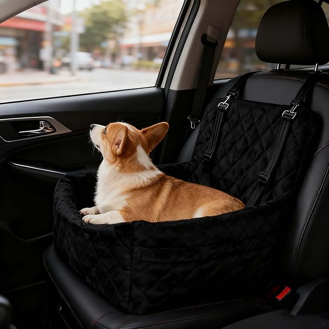 Dog Car Seats for Small Dogs, Memory Foam Dog Car Seat Medium Sized Dogs, Pet Cars Seats for Under 35lbs, Detachable Washable Pet Bag with Storage Pockets & 2 Safety Belts, Easy to Install (Black)