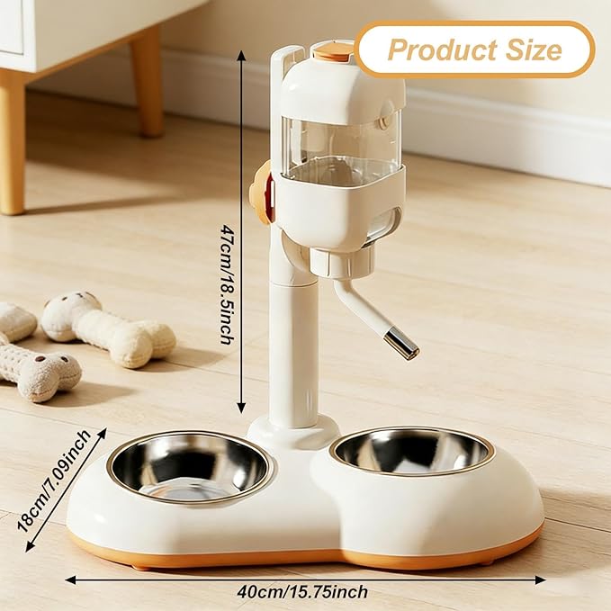 Pet Standing Water Dispenser Dog Bowl 2 in 1 Adjustable Height Pet Feeder Waterer with Two Steel Bowl for Ferrets Kittens Cat, White