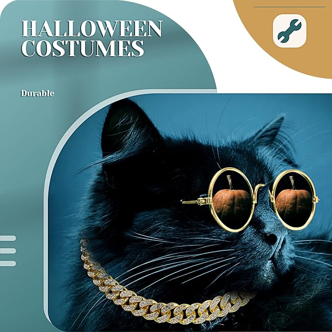 Xuniea 2 Pieces Cat Dog Chain Collar and Sunglasses Set Rhinestone Necklace with Secure Buckle Round Glasses for Doll Cat Dog Pet Accessories(14 Inch,Gold, Black)