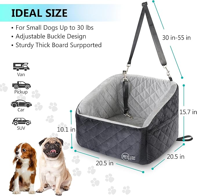Dog Car Seat – Soft and Comfy Dog Booster Car Seat for Small, Medium Dogs Weighing Up to 30 lbs – Washable and Detachable Puppy Booster Seat with Strap and Pocket – Pet Travel Essential