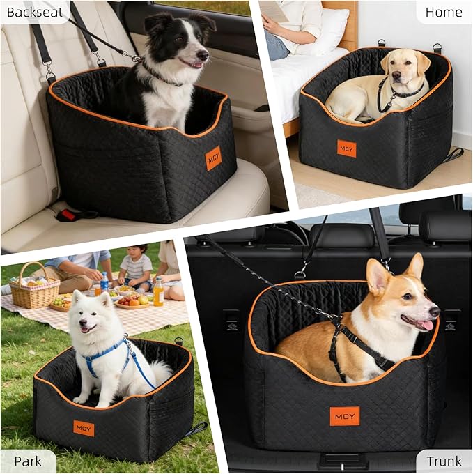 MCY Dog Car Seat for Small Dogs, Elevated Pet Car Seat, Travel Safety Pet Seat for Dogs up to 35 lbs, Memory Foam Booster Dog Seat with Washable Removable Cover, Storage Pockets, Black (Black)