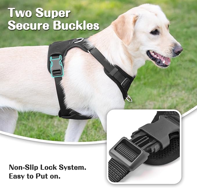 No Pull Dog Harness for Small Medium Large Dogs - Adjustable 2 Layer Mesh Dog Vest with Dual Clip, Escape Proof, Quick Release, Lightweight Breathable Mesh for Walking Hiking (Black,L)