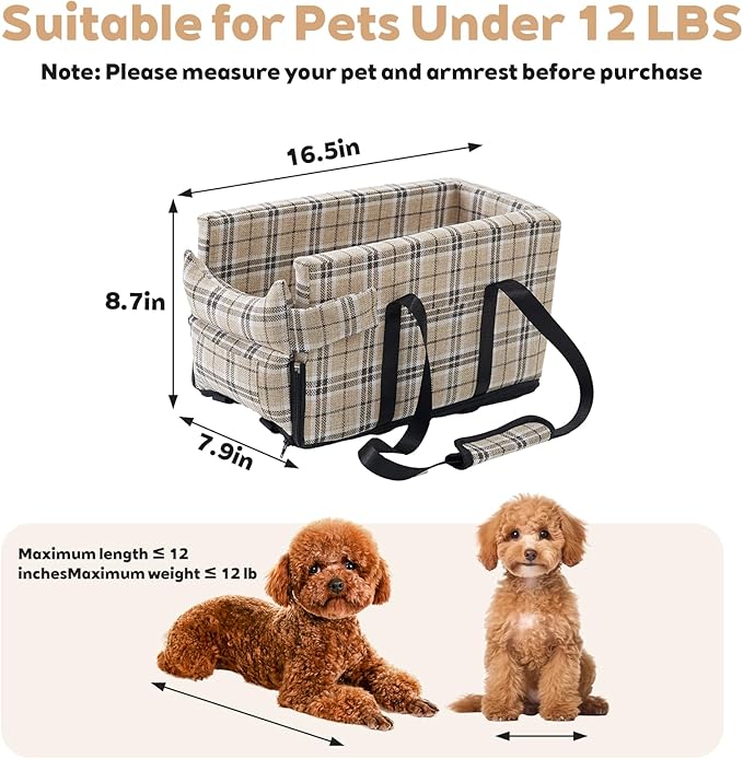 Dog Car Seat for Small Dogs - Portable Center Console Booster Seat with Anti-Collapse Design & Safety Tethers, Pet Travel Carseat Up to 15 lbs- Beige