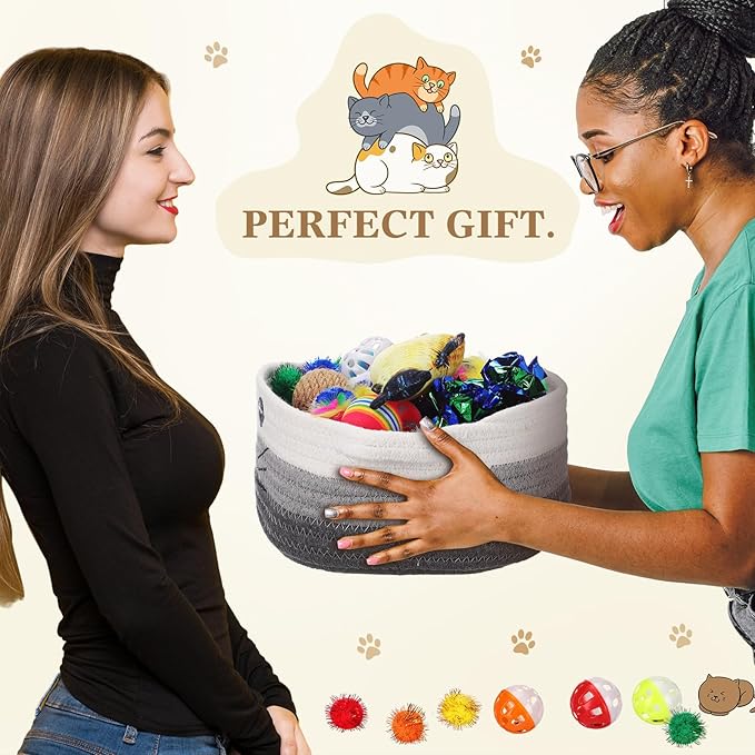 Zopeal 58 Pcs Cat Storage Basket Gift Toys Set, Colorful Flashing Balls Pet Bell Crinkle Balls Spring Toys Attract Cat to Swat, Hunt, Interactive for Pet(Multicolor,9.8 Inch)