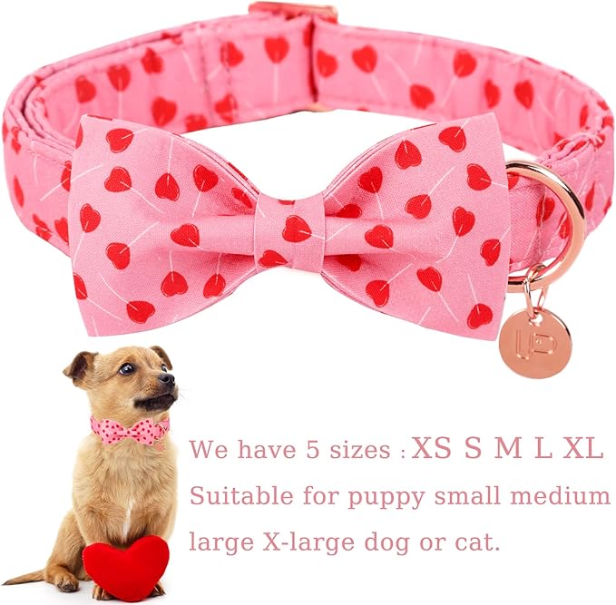 Valentine's Dog Collar With Bow Tie, Small Girl Dog Bowtie, Wedding Gift Pet Cotton Pink Collar With Metal Buckle, S