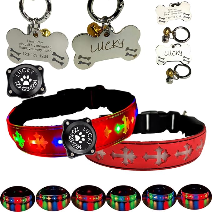 Pet Collar with AirTag Holder and ID Tag, 15 Lighting Modes, Waterproof Cross Pattern Design, Multiple Colors (RED Pro, XL(19.7-23.6"))