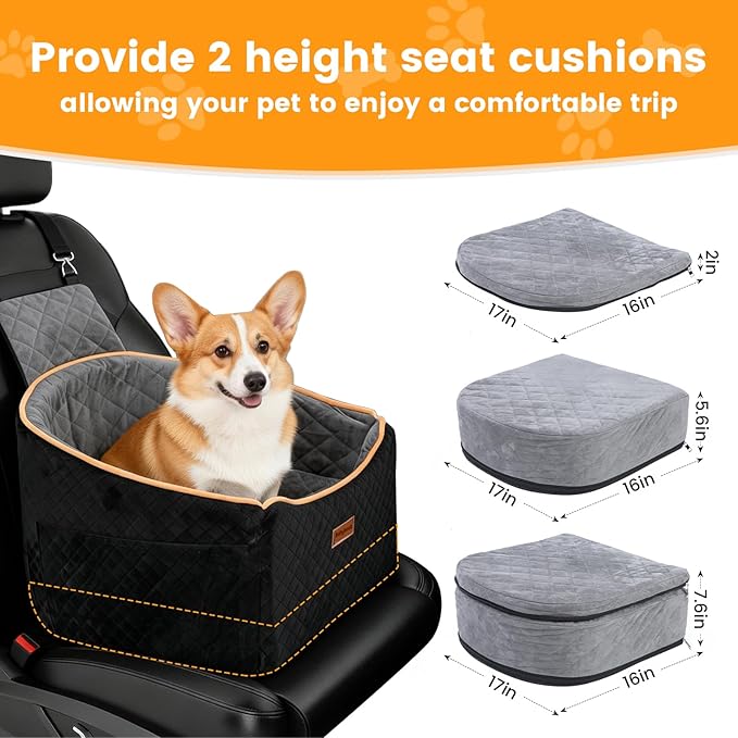 Babyboat Dog Car Seat for Small & Medium Pet Adjustable Height Dog Booster Car Seat with 2 Cushion Up to 30lbs Pet Detachable Travel Pet Bed with Remove Cover, Storage Pockets - Black