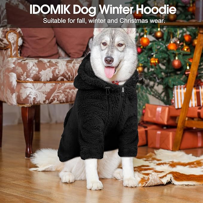 IDOMIK Fuzzy Dog Sweater with Adjustable Hood, Warm Fleece Dog Sweater Hoodie with Harness Hole & Pocket, Pullover Sweaters for Small Dogs, Fuzzy Hooded Sweatshirt for Fall Winter Christmas,Black,XS