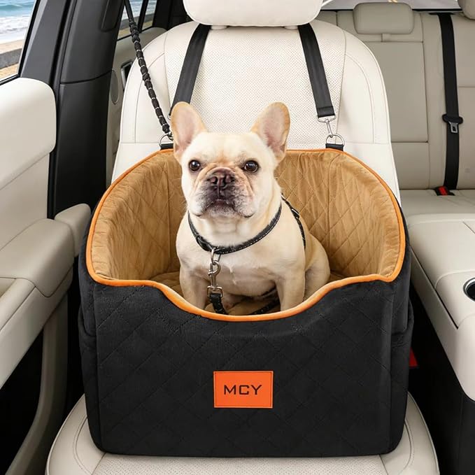 MCY Dog Car Seat for Small Dogs, Elevated Pet Car Seat, Travel Safety Pet Seat for Dogs up to 35 lbs, Memory Foam Booster Dog Seat with Washable Removable Cover, Storage Pockets, Black (Black-Brown)
