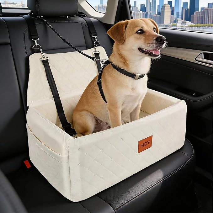 MCY Dog Car Seat for Large Medium Dogs, Dog Booster Seat with Thick Cushion, Portable Washable Pet Under 55 lbs, 2 Safety Leashes Travel Car Bed, Suitable for Home and Outdoor, White