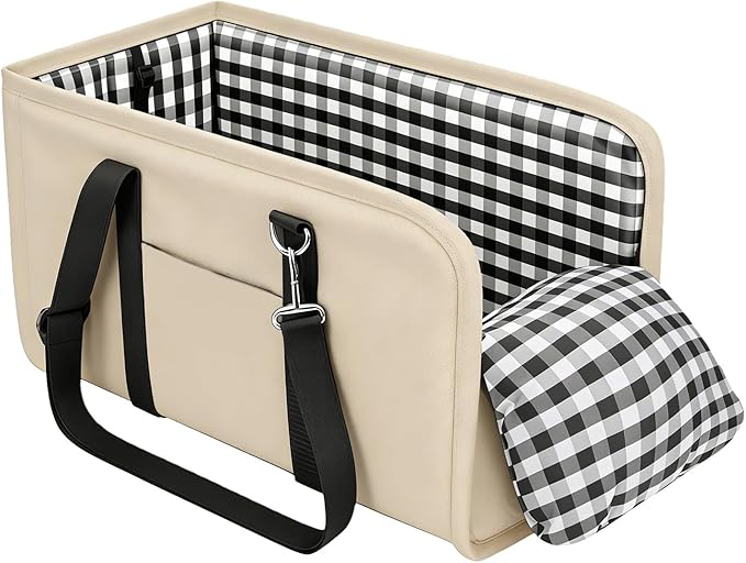 Center Console Dog Car Seat for Small Dogs Up to 11lbs Anti-Collapse Armrest Booster Seat with Headrest Stabilizing Straps Portable Pet Carrier Bag Travel Safety Kennel with Internal Tether (Beige)
