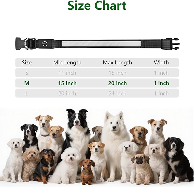 Light Up Dog Collar 13 Color Models, USB Rechargeable, Adjustable Comfortable Soft Mesh Safety Dog Collar from 15" to 20”