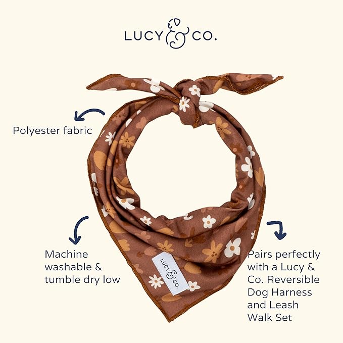 Lucy & Co. Chocolate Meadows Bandana - Designer Puppy Accessory. 100% Polyester. Soft, Stylish and Appropriate for Any Occasion. Machine Washable (Large, Brown & White Floral)