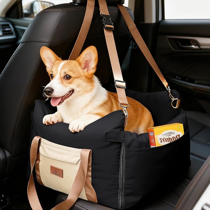 Dog Car Seats for Small Dogs, 2-in-1 Waterproof Pet Booster Seat for Car with Side Handles and a Storage Pocket, Clip-On Safety Leash and PP Cotton Filling, Vehicle Bed for Puppy up to 25 lbs (Black)