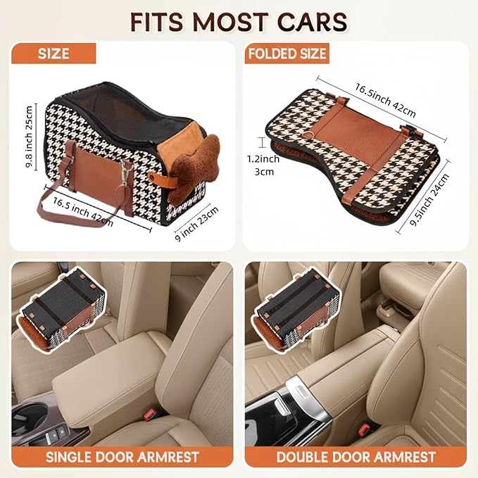 Center Console Dog Car Seat,Pet Puppy Car Seat,Middle Console Dog Armrest Booster Seat for Small Dogs;Cats (Orange Houndstooth)