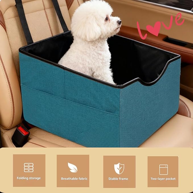 Portable Foldable Cat Dog Car Seat for Small Dogs Spacious Travel Bed with Clip-On Safety Leash Comfy Carseat with Storage Pockets Cat Puppy Car Travel Carrier Bed (Green)