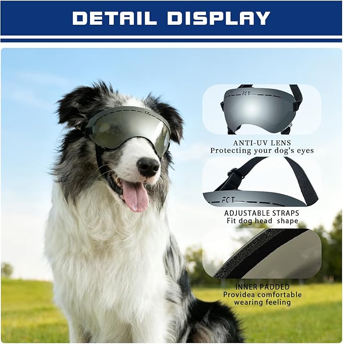 Dog Goggles UV400 Protection,Ski Goggles for Large Breeds with Adjustable Strap, Dog Sunglasses with Comfort-Focused Frameless Design - UV-Resistant/Windproof/Snowproof for Running,Cycling (Sliver)