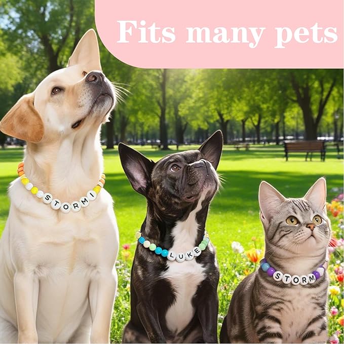 Personalized Beaded Dog Collar with Custom Name & Free Matching Bracelet - Adjustable Rainbow Pet Necklace Collar for Cats Dogs | Pet Lover Gift (#B)
