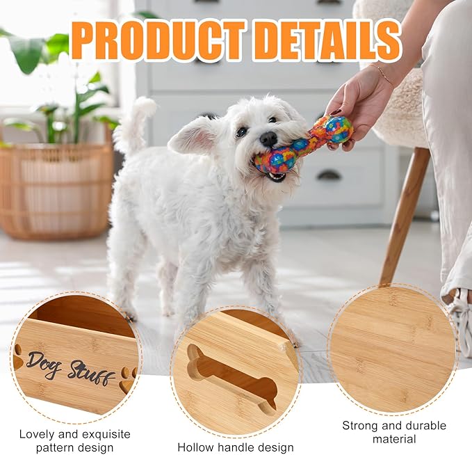 Leinuosen Large Dog Toy Bin Basket, 20 Inch Large Stuff Toy Storage Basket Bin with Bone Handle Cutout Pattern Bamboo Container for Organizing and Storage Dog Leash Chew Toys(Natural, Undivided)