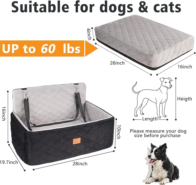 Dog Car Seat for Small/Medium Dog/Cat up to 60 lbs Memory Foam Pet Booster Seat with Detachable Washable Cover Travel-Safe Car Bed with Safety Belt/Storage Pockets Easy to Install
