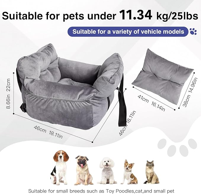 Pet Car Booster Seat for Small Dogs up to 25 lbs with Safety Straps, Storage Pockets, Travel Carrier Bed with Detachable Cover, Machine Washable (Gray)