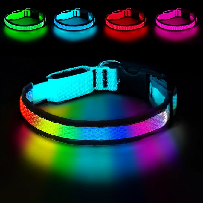LED Dog Collar, Light Up Dog Collar USB Rechargeable, Nylon Adjustable Comfortable Soft Bright RGB 7 Colors Changeing Safety Light Glowing Collar for Small and Medium Dogs(Small,Blue)