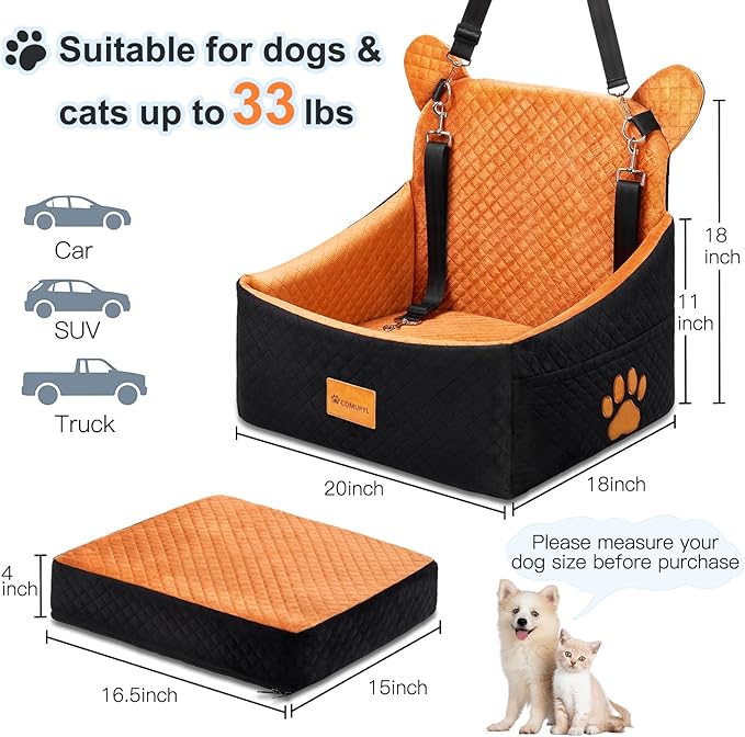 Dog car Seats for Small/Medium Dogs up to 33lbs- Washable, Waterproof, Dog Booster & car Seats with 2 Easy-Install Safety Belts, Non-Slip Base & Storage Pocket(Brown Black).