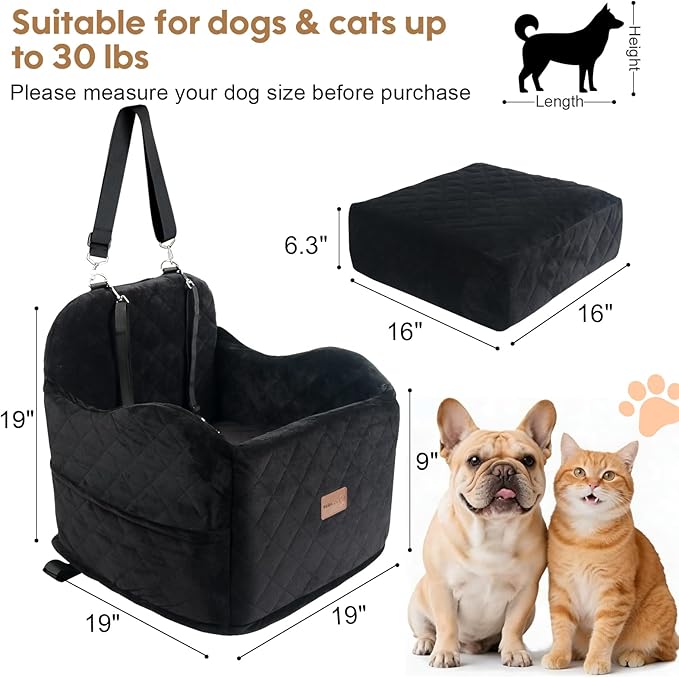 Juniverse Dog Booster Car Seat for Small to Medium Dogs Up to 30 lbs, Memory Foam, Washable Velvet Fabric Cover, Safety Leash, Storage Pockets, 19x19x19 Inches (Black)
