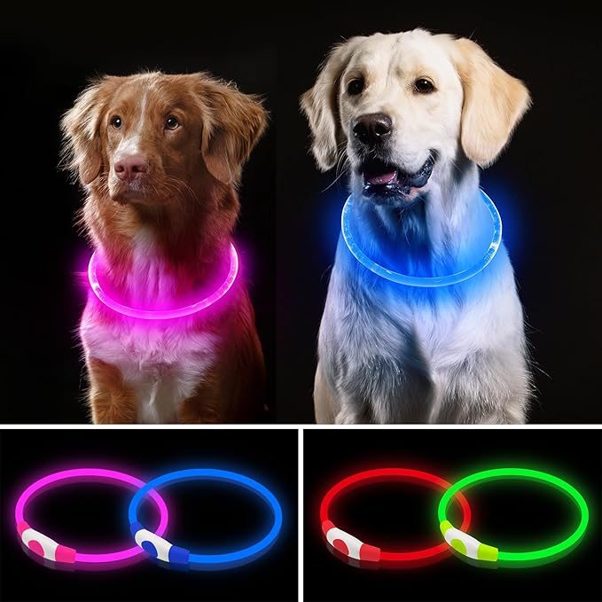 Higo 2 Pack Light Up Dog Collar, USB Rechargeable, Led Lighted, Glow in Dark, Fits Small, Medium, Large Dogs (Pink+Blue)