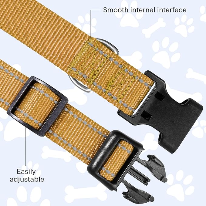 FunTags Reflective Dog Collar, Sturdy Nylon Collars for Medium Girl and Boy Dogs, Adjustable Dog Collar with Quick Release Buckle, Khaki