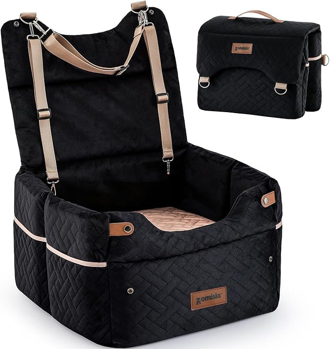 Elevated Dog Car Seat for Medium Dogs, 3 Adjustable Heights with 2 Egg Crate Foam Boosters 4"+2", Dual-Sided Cooling&Plush Waterproof Cover, 2 Safety Leashes & Buckles, Black