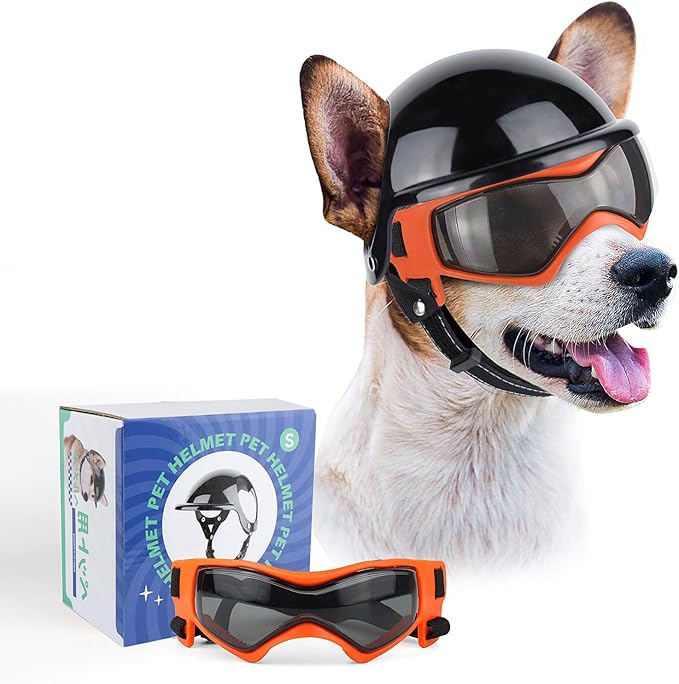 PETLESO Dog Goggles for Small Dogs with Helmet, Pet Sunglasses and Motorcycle Helmet Set for Small Medium Dog Outdoor Driving Walking, Orange