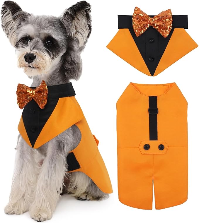 Kuoser Dog Tuxedo Suit and Bandana Set, Pumpkin Color Dogs Thanksgiving Outfit Adjustable Dog Halloween Costume with Bow Tie for Large Medium Small Dogs Golden Retriever Samo Bulldogs, M