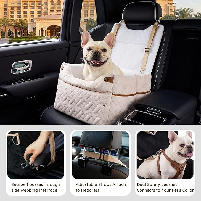 Elevated Dog Car Seat for Small Dogs, 3 Adjustable Heights with 2 Egg Crate Foam Boosters 4"+2", Dual-Sided Cooling&Plush Waterproof Cover, 2 Safety Leashes & Buckles, Beige