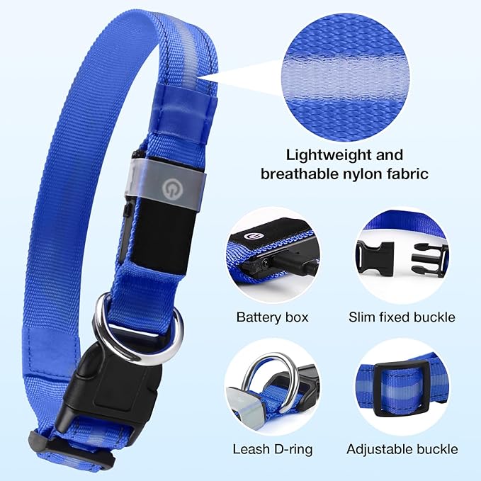 Light Up Dog Collar, USB Rechargeable 6 Modes, Waterproof Charging Port, Long Lasting LED Collar - Adjustable Nylon Reflective for Dogs, Sizes S/M/L (7/9/11 Lights) - 5 Colors (Blue, L)