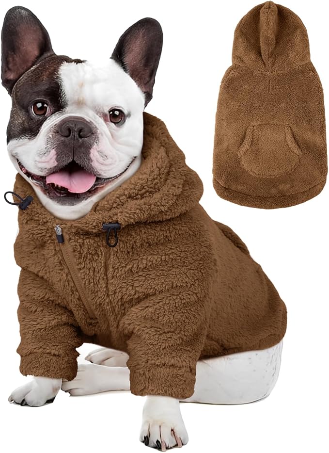 IDOMIK Fuzzy Dog Sweater with Adjustable Hood, Warm Fleece Dog Sweater Hoodie with Harness Hole & Pocket, Pullover Sweaters for Medium Dogs, Fuzzy Hooded Sweatshirt for Fall Winter Christmas,Brown,M