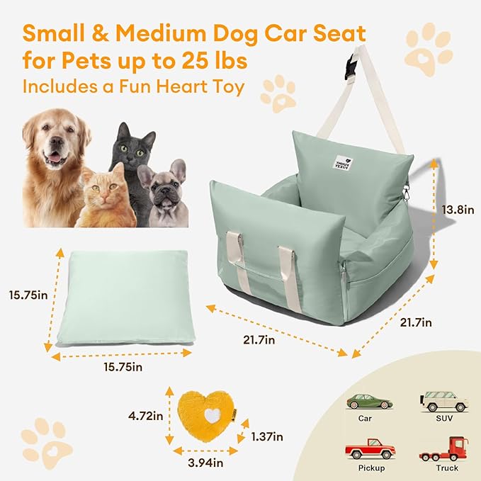 FUNNY FUZZY Dog Car Booster Seat for Small/Medium Dogs up to 25lbs – Waterproof, Non-Slip Base, Safety Leash & Fully Washable Design for Safe and Comfortable Travel (Light Green)