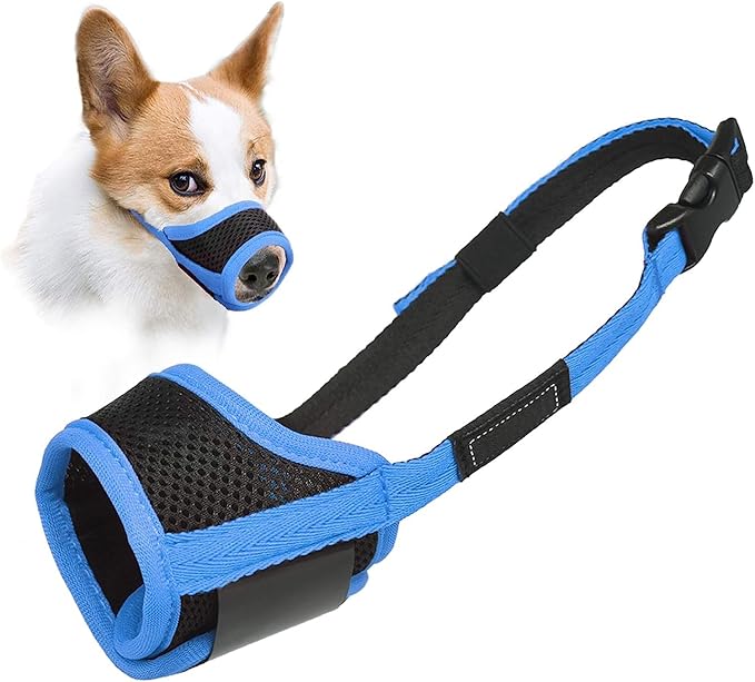 LUCKYPAW Dog Muzzle Anti Biting Barking and Chewing with Comfortable Mesh Soft Fabric and Adjustable Strap, Suitable for Small, Medium and Large Dogs(Blue Trim,S)