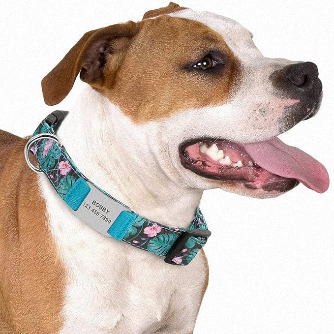 Flower Printed Dog Collar Custom Nylon Puppy Pet Collar Personalized Pitbull Collars Pets Acessorios for Small Medium Large Dog Green L