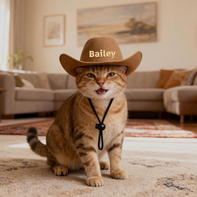 Personalized Cat Cowboy Hats with Name, Custom Cowboy Hat for Cat, Holiday Party Cowboys Costume for Cats, Pet Tiny Cowboy Cap Gifts for Pet Lovers