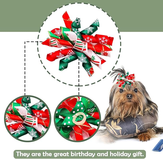 PET SHOW 20pcs/10pairs Curly Dog Hair Bows with Rubber Bands for Small Medium Dogs Spiral Puppy Swirl Topknot Cat Festival Hair Accessories Pet Favor Gift (Christmas Styles)