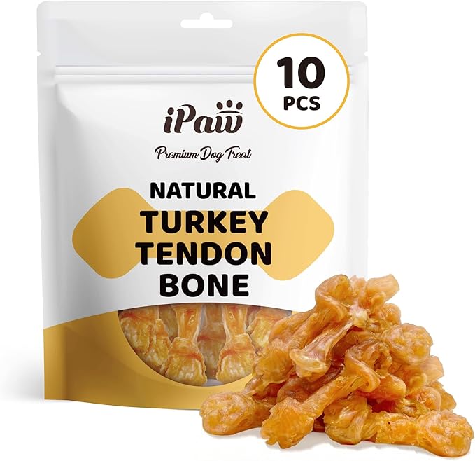 iPaw Turkey Tendon for Dogs 10 Pcs Value Pack, Ingredient Sourced from USA, Hypoallergenic, All Natural Human Grade Puppy Chew, Dog Treats for Signature Series, Rawhide Alternative, Bone (Small)