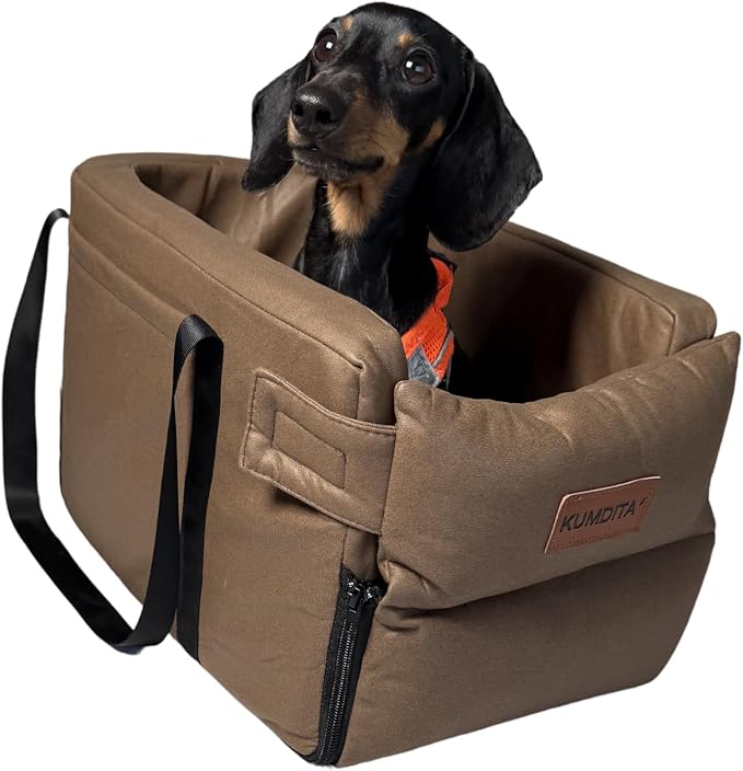 Kumdita' Center Console Dog Car Seat & Carrier for Small Dogs & Cats – Portable Booster with Sewn-in Leash, Machine Washable, Fits Most Vehicles (Brown)